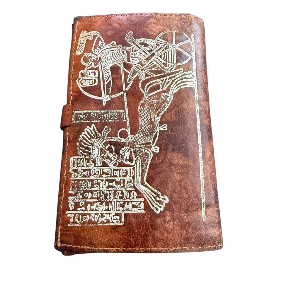 Vintage Hand Tooled Leather Egyptian Pharaoh King Tut Wallet Brown Kiss‎ Lock